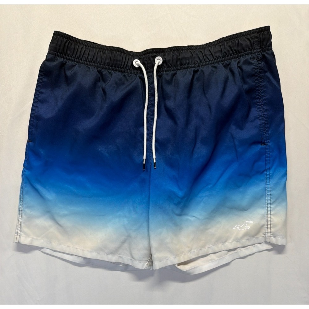 Hollister California Ombre Swim Trunks Shorts Men XL Blue White Drawstring Waist